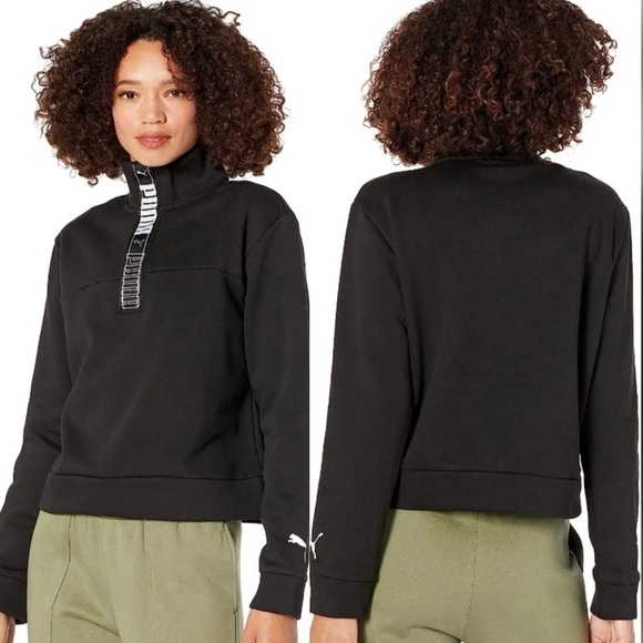 PUMA Pathfinder Quarter Zip Up Atheleisure Logo Tape Printed Cropped Hoodie - Picture 1 of 3